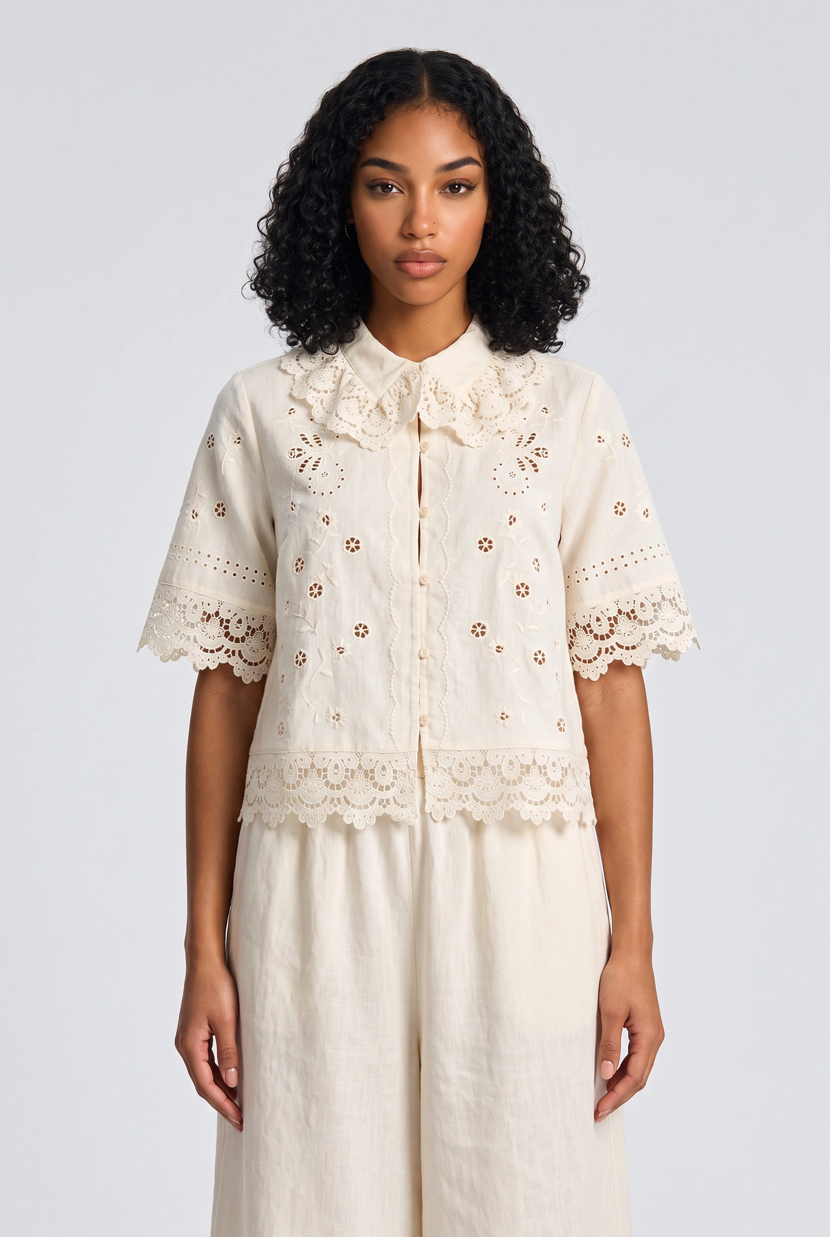 Prist Solid Floral Lace Tops