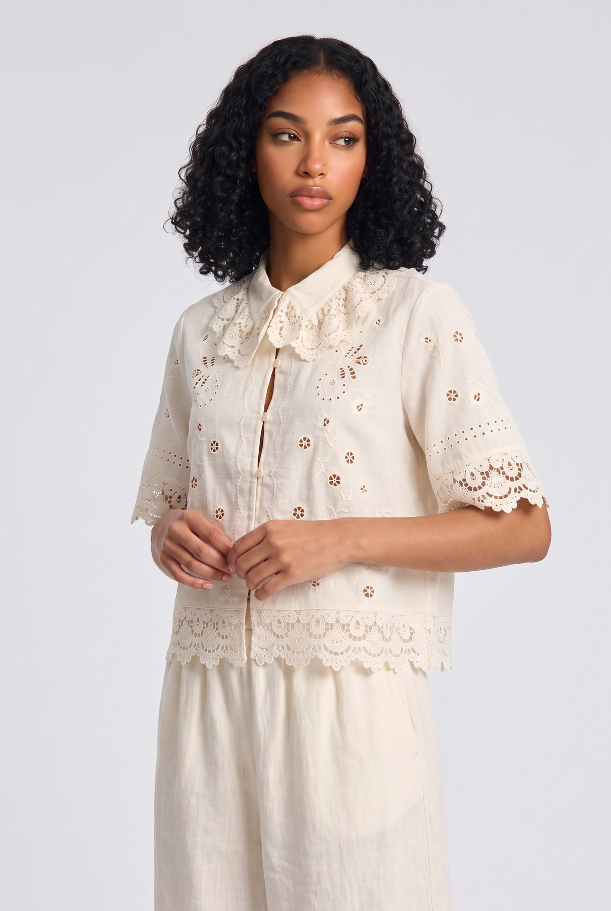 Prist Solid Floral Lace Tops