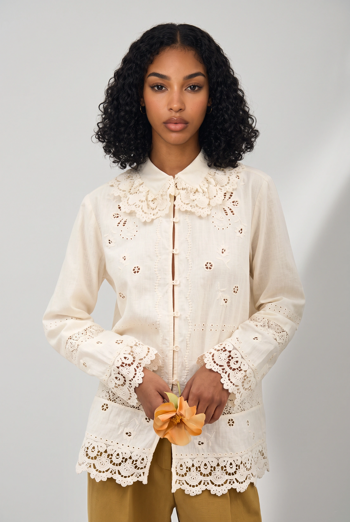 Serin Solid Floral Lace Tops