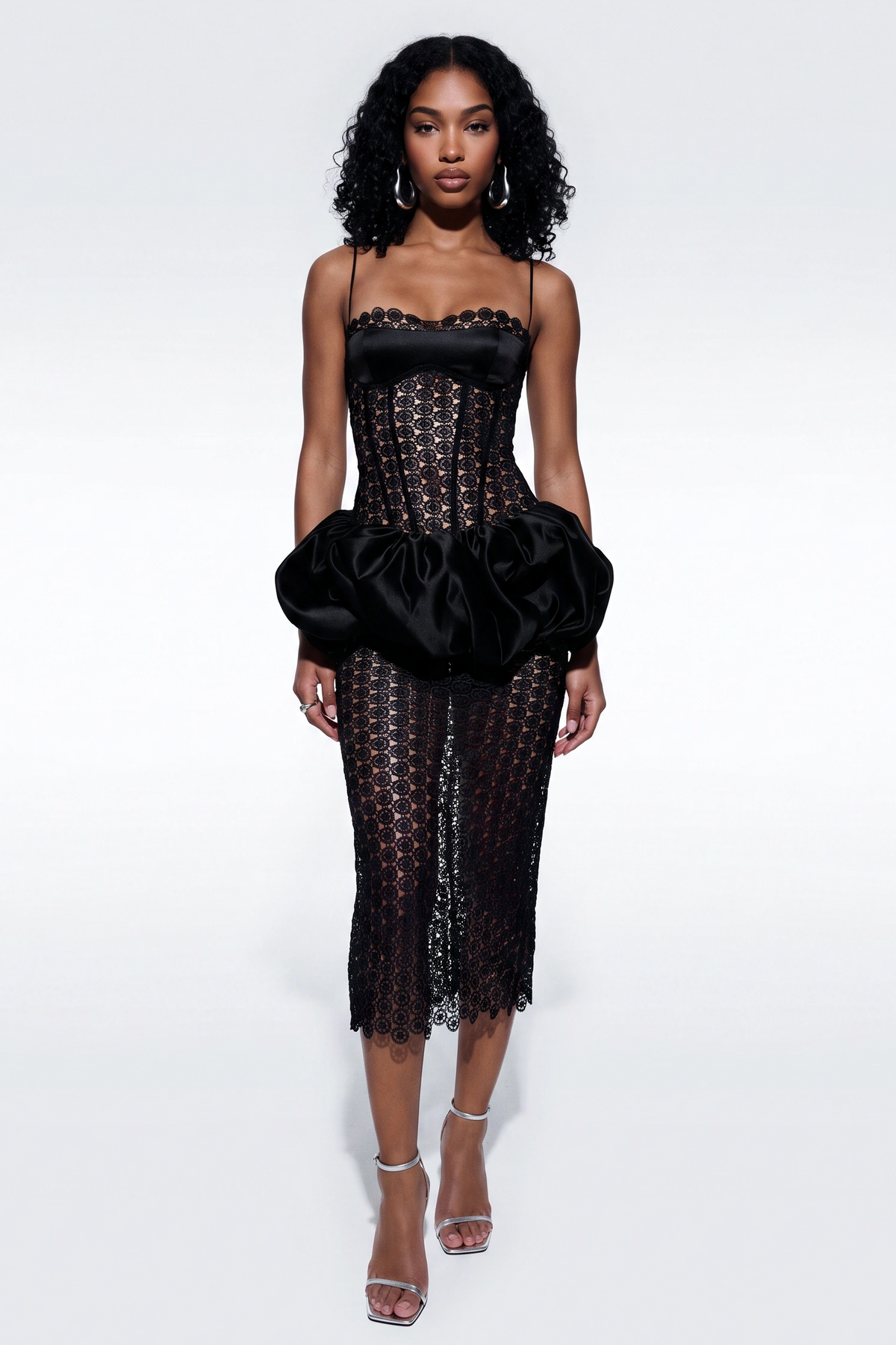 Marina Lace Corset Peplum Midi Dress