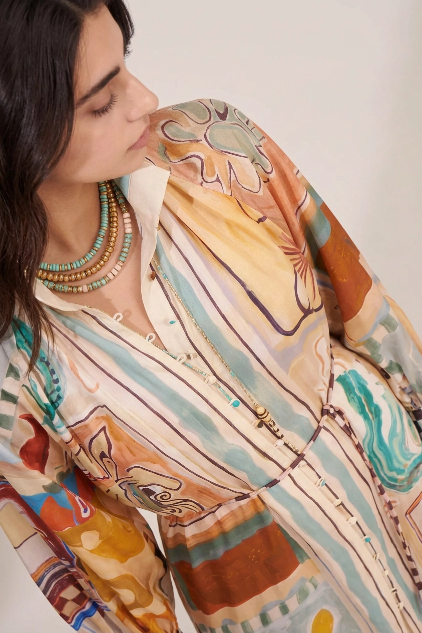 Aure Abstract-Print Belted Shirt Maxi Dress