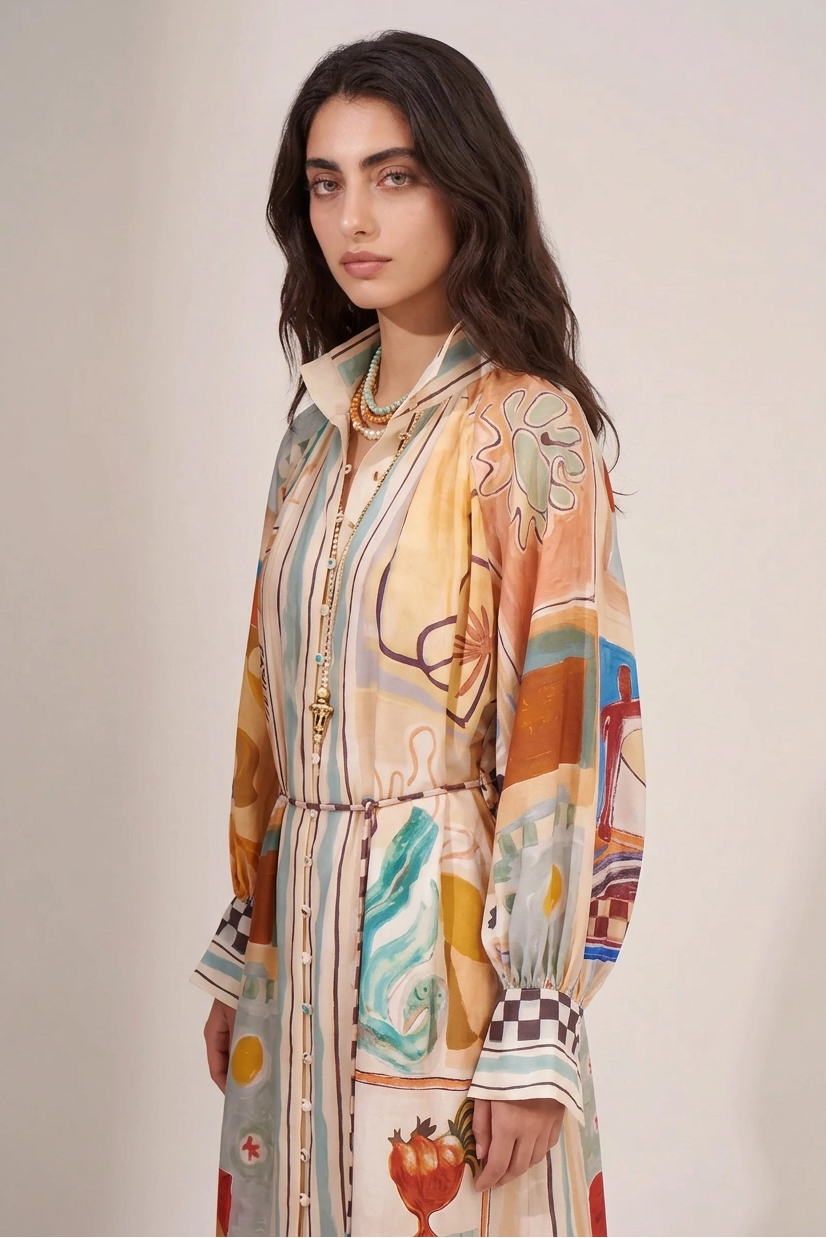 Aure Abstract-Print Belted Shirt Maxi Dress