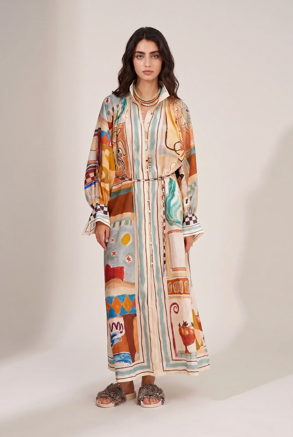 Aure Abstract-Print Belted Shirt Maxi Dress