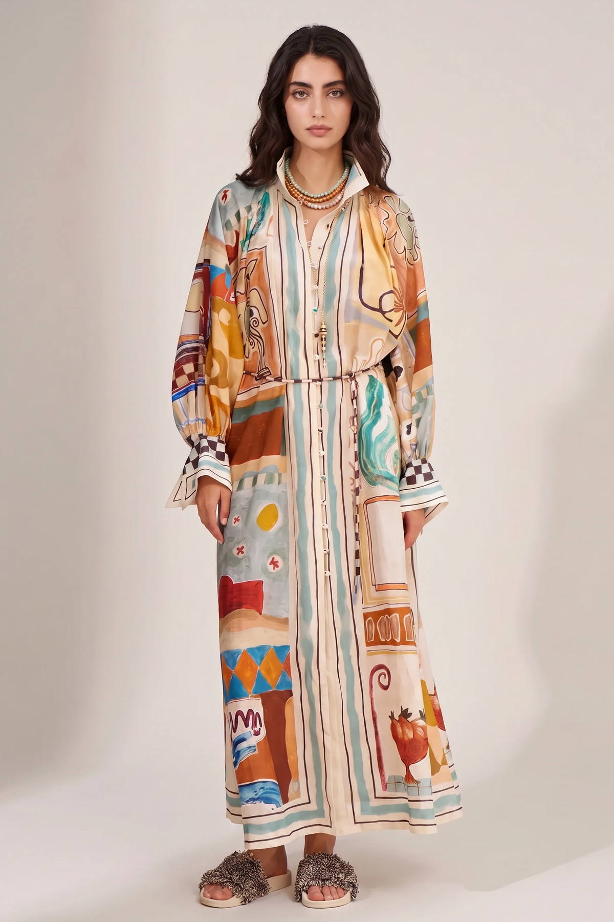 Aure Abstract-Print Belted Shirt Maxi Dress
