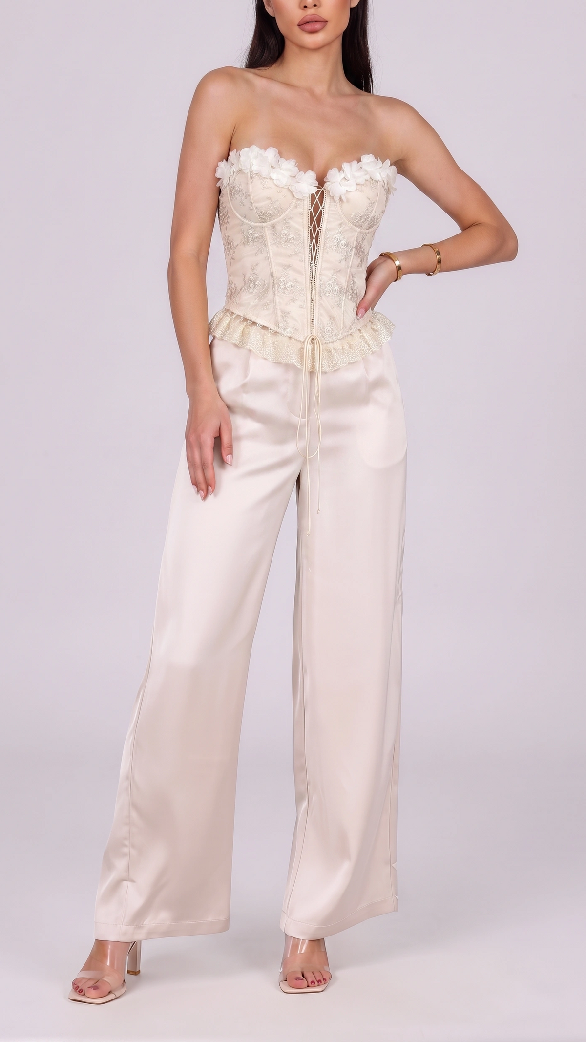 Aveline Floral-Appliqué Lace-Up Corset Top