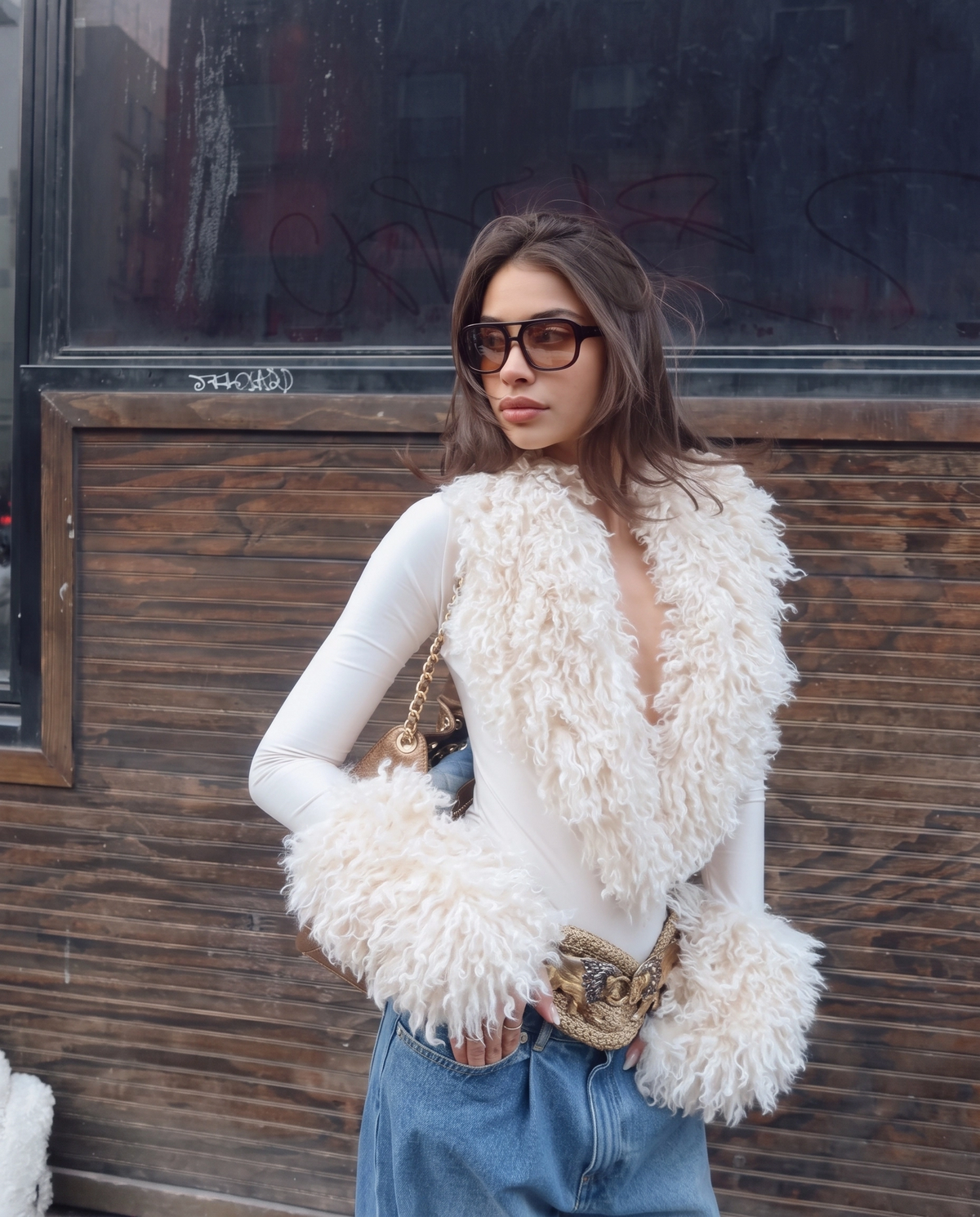 Intime Faux Fur Long Sleeve Top