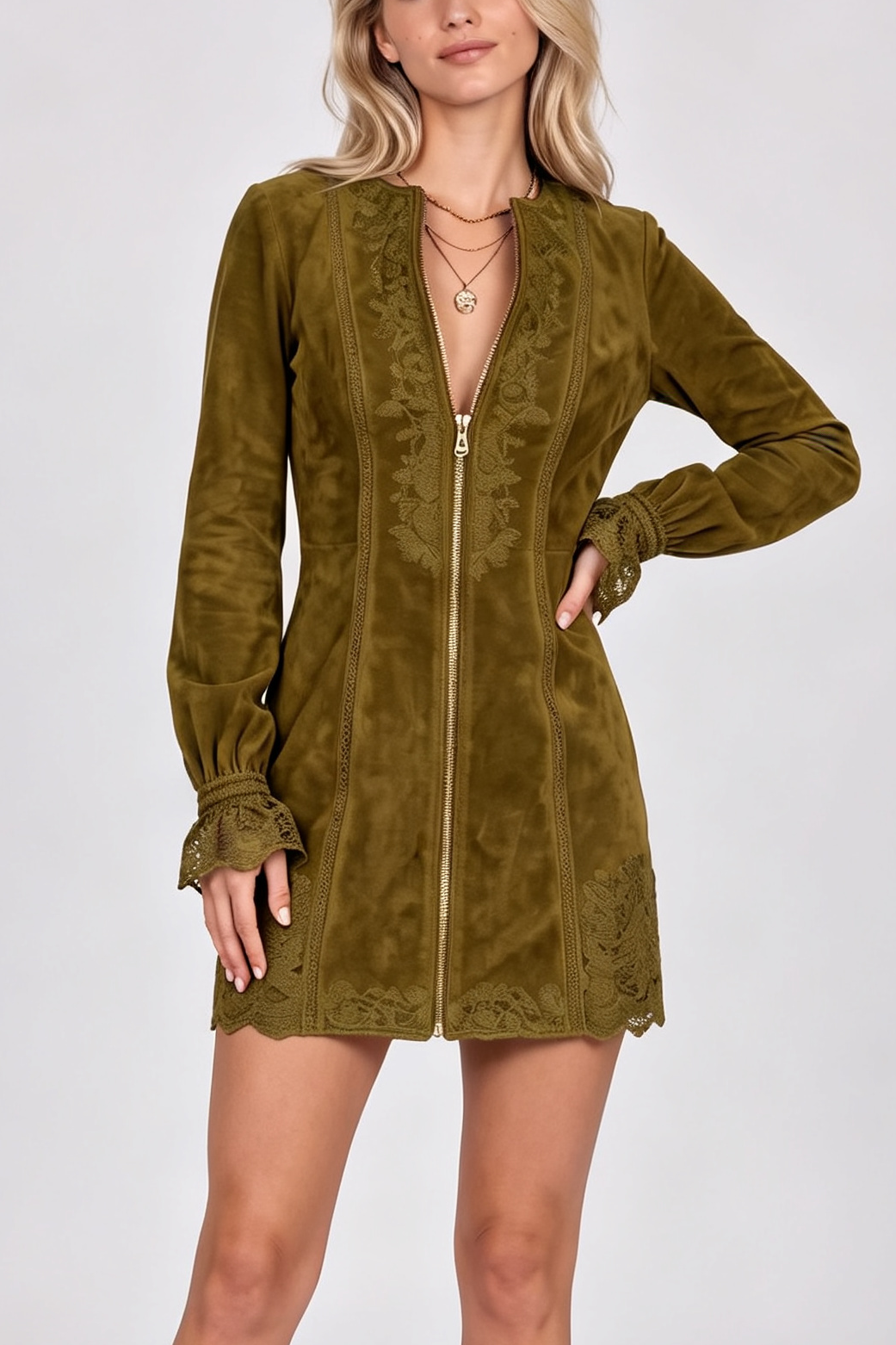 Lirael Embroidered Zip-Front Denim Mini Dress